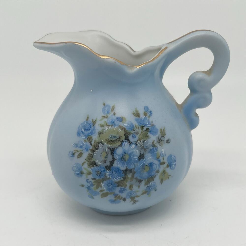 Vintage 1960s Inarco Japan Blue Floral Ceramic Pitcher with Gold Trim